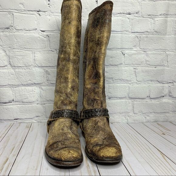 FRYE Phillip studded harness tall boots in chocolate glazed vintage leather - Picture 7 of 16